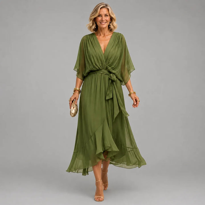 Women's Elegant Flowy Midi  Wedding Guest Dress with Ruched