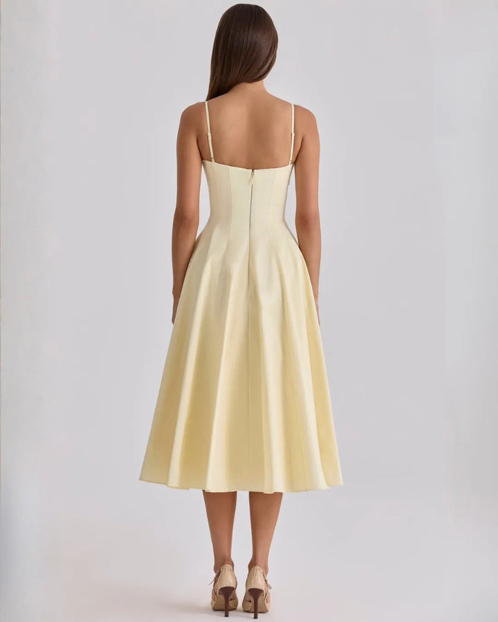 Women's Elegant Flowy Midi Wedding Guest Dress with Ruched Sweetheart Neckline