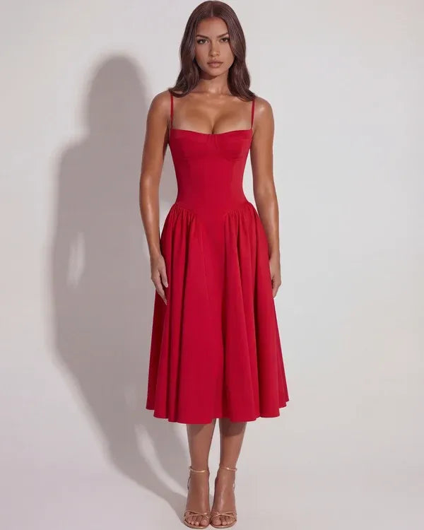 Women's Elegant Flowy Midi Wedding Guest Dress with Corset Sweetheart Neckline