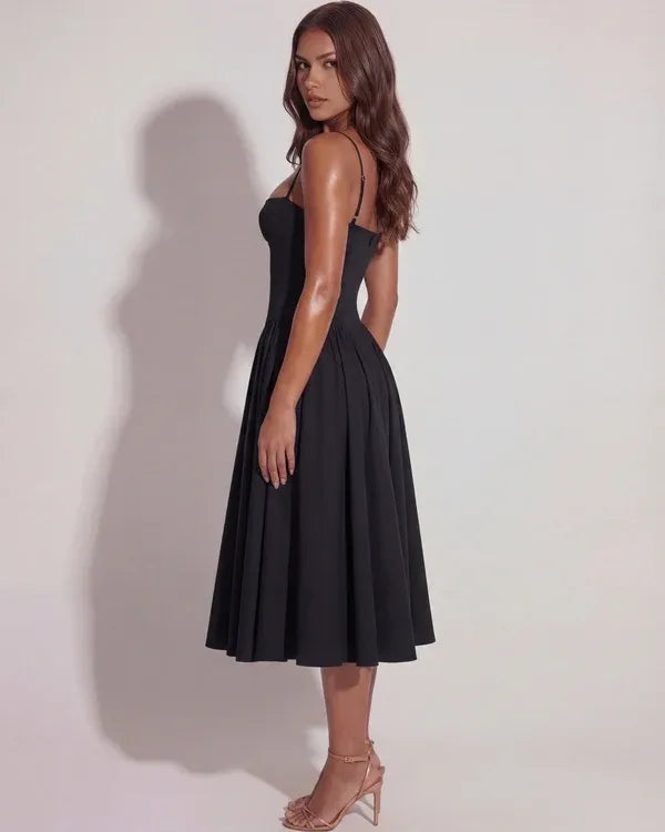 Women's Elegant Flowy Midi Wedding Guest Dress with Corset Sweetheart Neckline