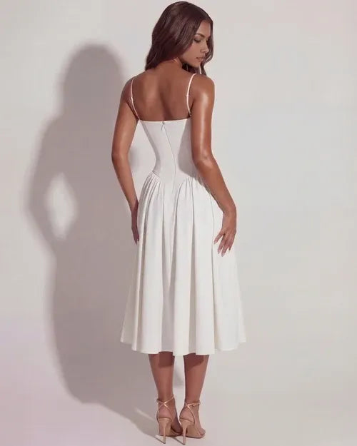 Women's Elegant Flowy Midi Wedding Guest Dress with Corset Sweetheart Neckline