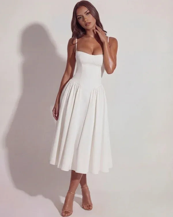 Women's Elegant Flowy Midi Wedding Guest Dress with Corset Sweetheart Neckline