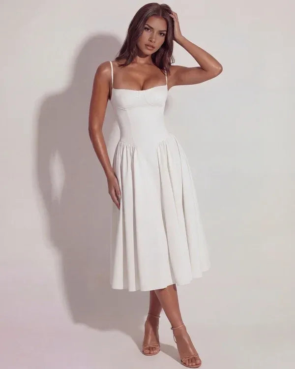Women's Elegant Flowy Midi Wedding Guest Dress with Corset Sweetheart Neckline