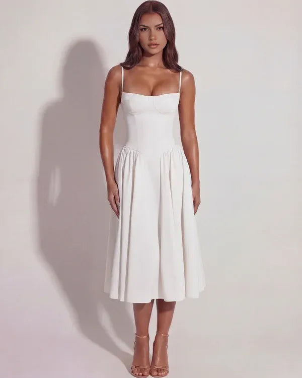 Women's Elegant Flowy Midi Wedding Guest Dress with Corset Sweetheart Neckline