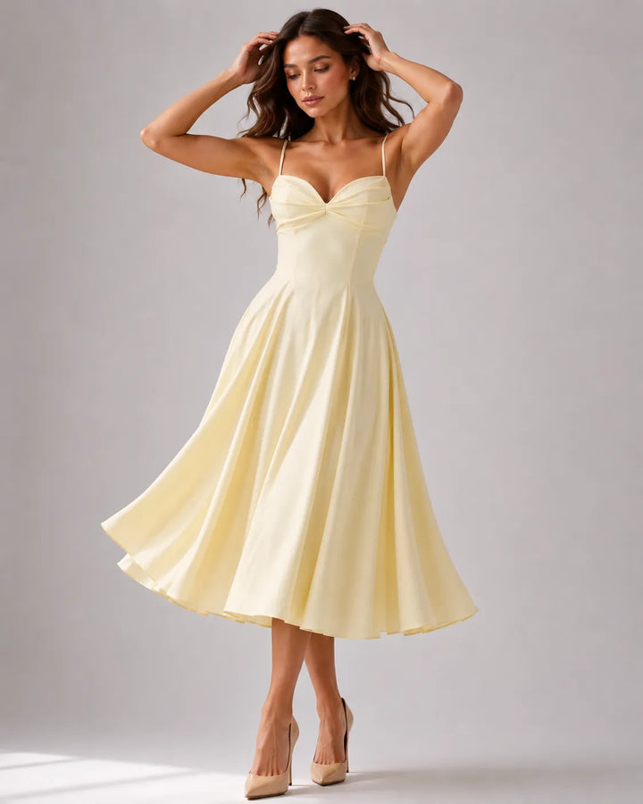 Women's Elegant Flowy Midi Wedding Guest Dress with Ruched Sweetheart Neckline