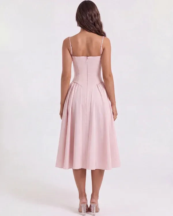 Women's Elegant Flowy Midi Wedding Guest Dress with Corset Sweetheart Neckline