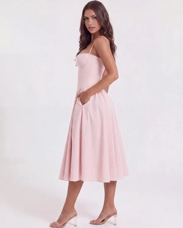 Women's Elegant Flowy Midi Wedding Guest Dress with Corset Sweetheart Neckline