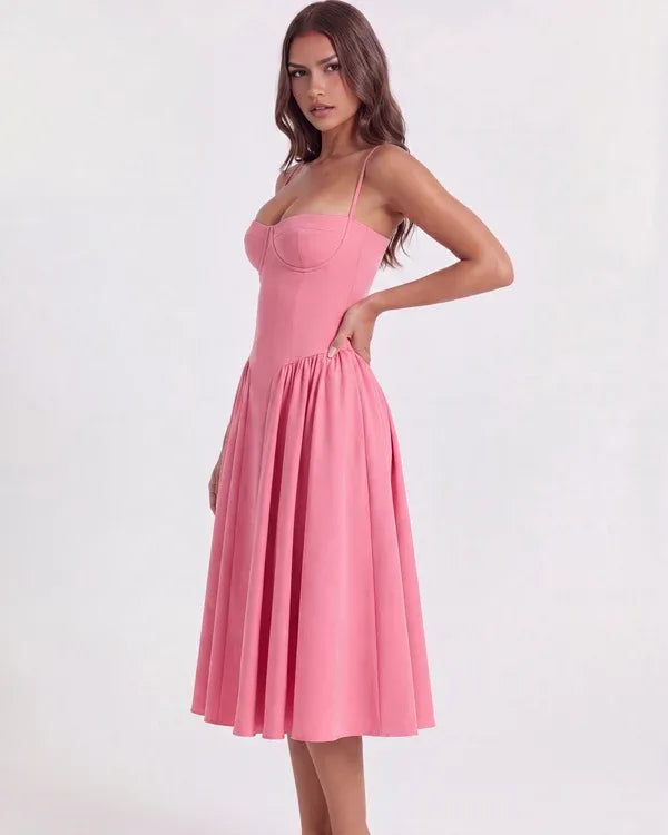 Women's Elegant Flowy Midi Wedding Guest Dress with Corset Sweetheart Neckline
