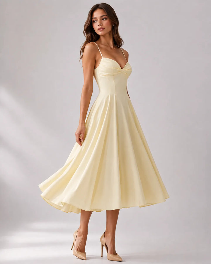 Women's Elegant Flowy Midi Wedding Guest Dress with Ruched Sweetheart Neckline