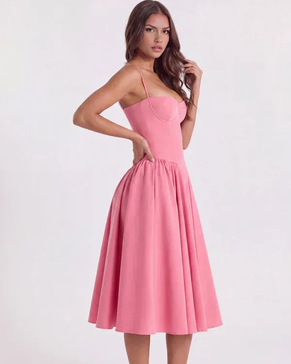 Women's Elegant Flowy Midi Wedding Guest Dress with Corset Sweetheart Neckline