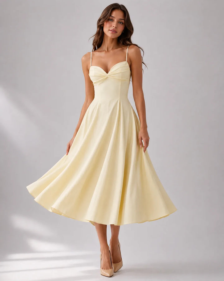 Women's Elegant Flowy Midi Wedding Guest Dress with Ruched Sweetheart Neckline
