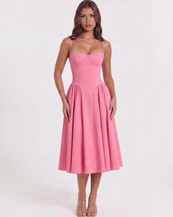 Women's Elegant Flowy Midi Wedding Guest Dress with Corset Sweetheart Neckline