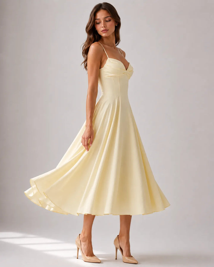 Women's Elegant Flowy Midi Wedding Guest Dress with Ruched Sweetheart Neckline