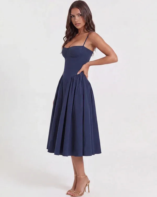 Women's Elegant Flowy Midi Wedding Guest Dress with Corset Sweetheart Neckline