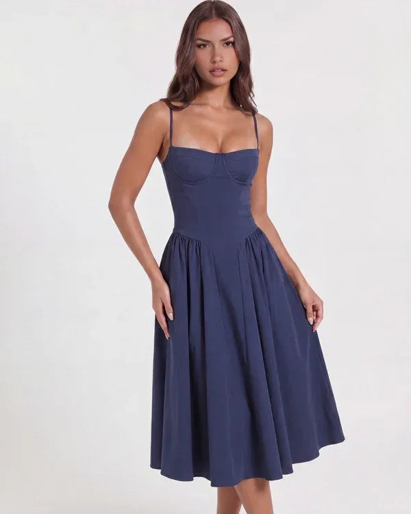 Women's Elegant Flowy Midi Wedding Guest Dress with Corset Sweetheart Neckline