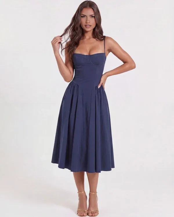 Women's Elegant Flowy Midi Wedding Guest Dress with Corset Sweetheart Neckline