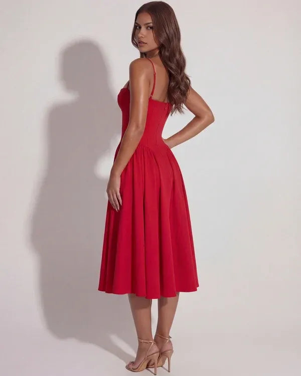 Women's Elegant Flowy Midi Wedding Guest Dress with Corset Sweetheart Neckline