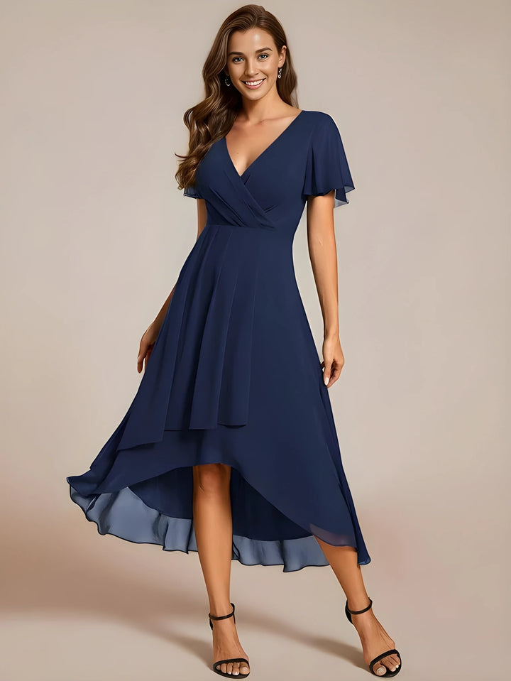 Women's Elegant Flowy Wedding Guest Dress with Flutter Sleeves