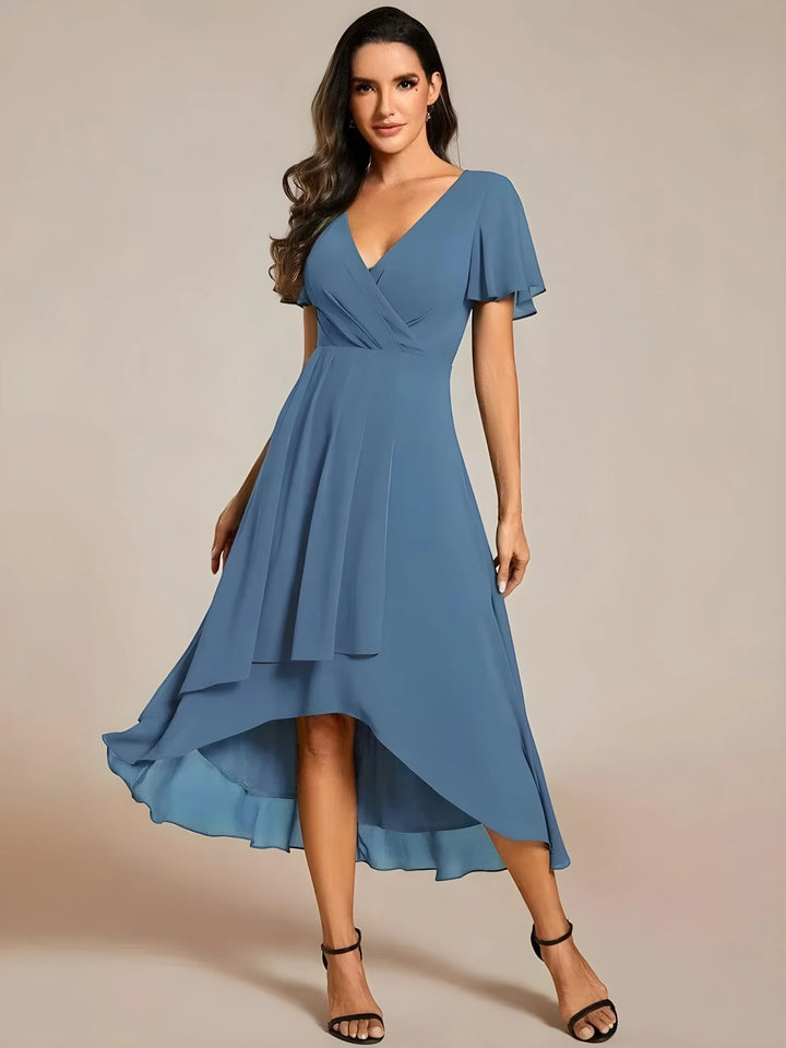 Women's Elegant Flowy Wedding Guest Dress with Flutter Sleeves