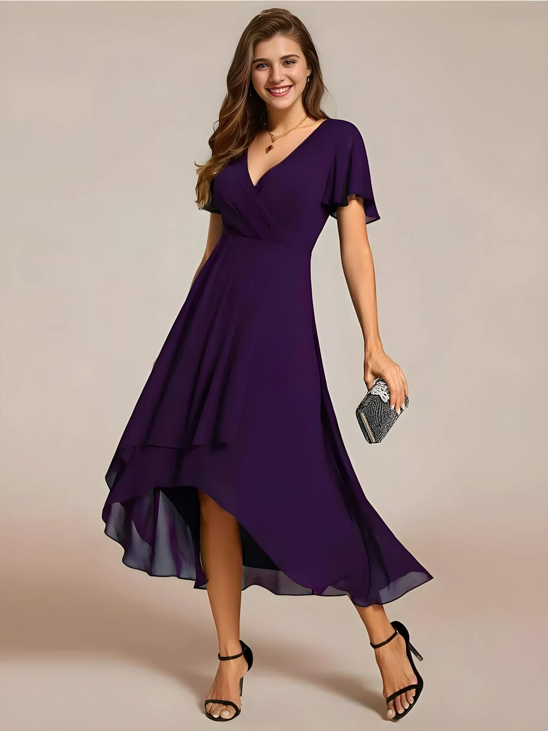Women's Elegant Flowy Wedding Guest Dress with Flutter Sleeves