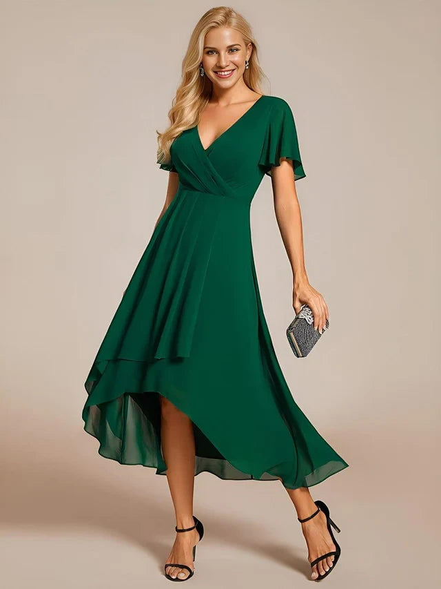 Women's Elegant Flowy Wedding Guest Dress with Flutter Sleeves