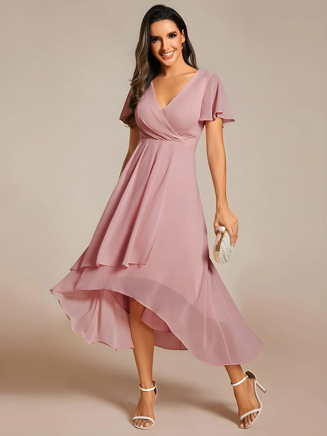 Women's Elegant Flowy Wedding Guest Dress with Flutter Sleeves