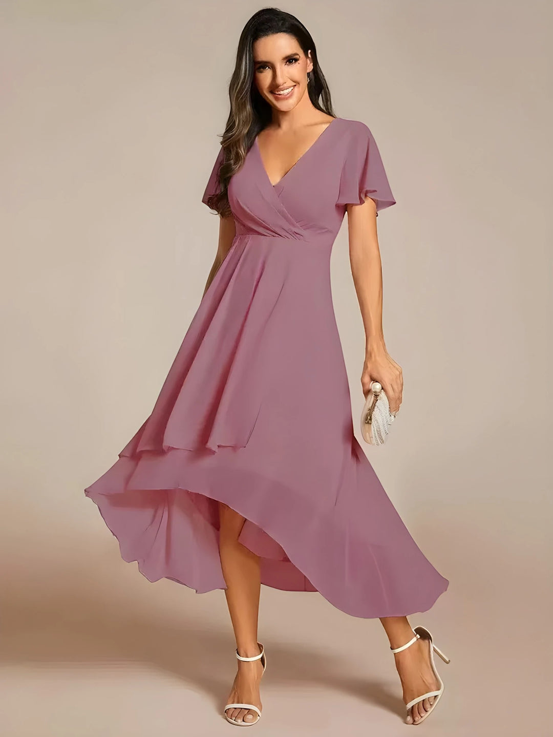Women's Elegant Flowy Wedding Guest Dress with Flutter Sleeves
