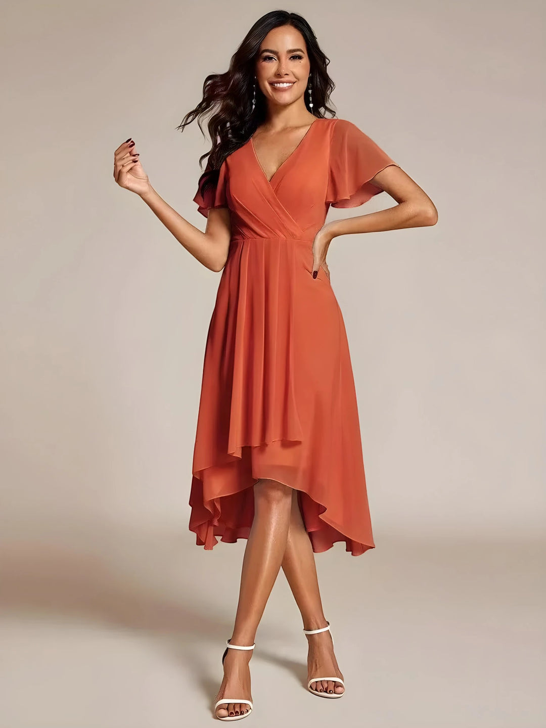 Women's Elegant Flowy Wedding Guest Dress with Flutter Sleeves