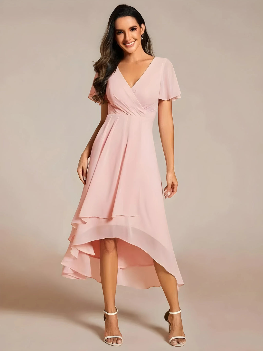 Women's Elegant Flowy Wedding Guest Dress with Flutter Sleeves