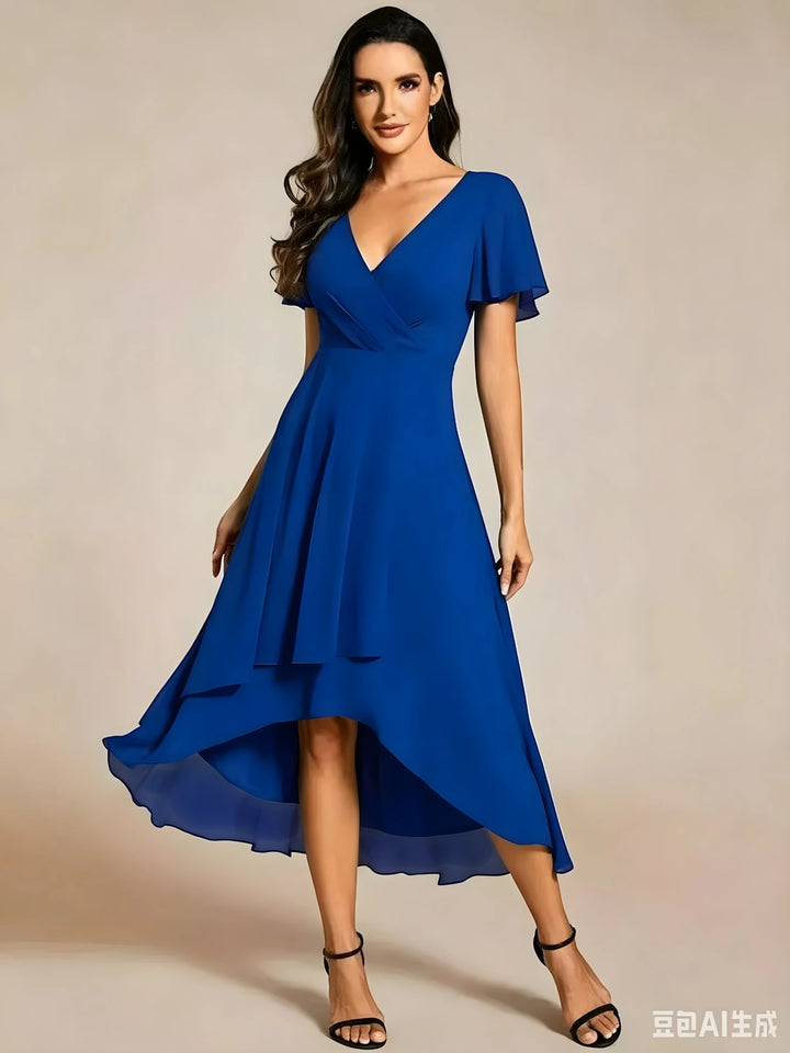 Women's Elegant Flowy Wedding Guest Dress with Flutter Sleeves