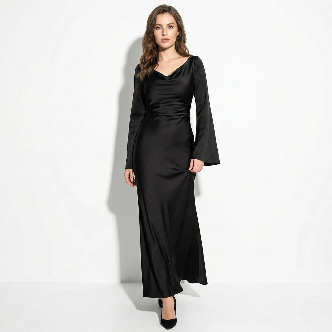 Women's Elegant Formal Maxi Wedding Guest Dress with Bell Sleeves