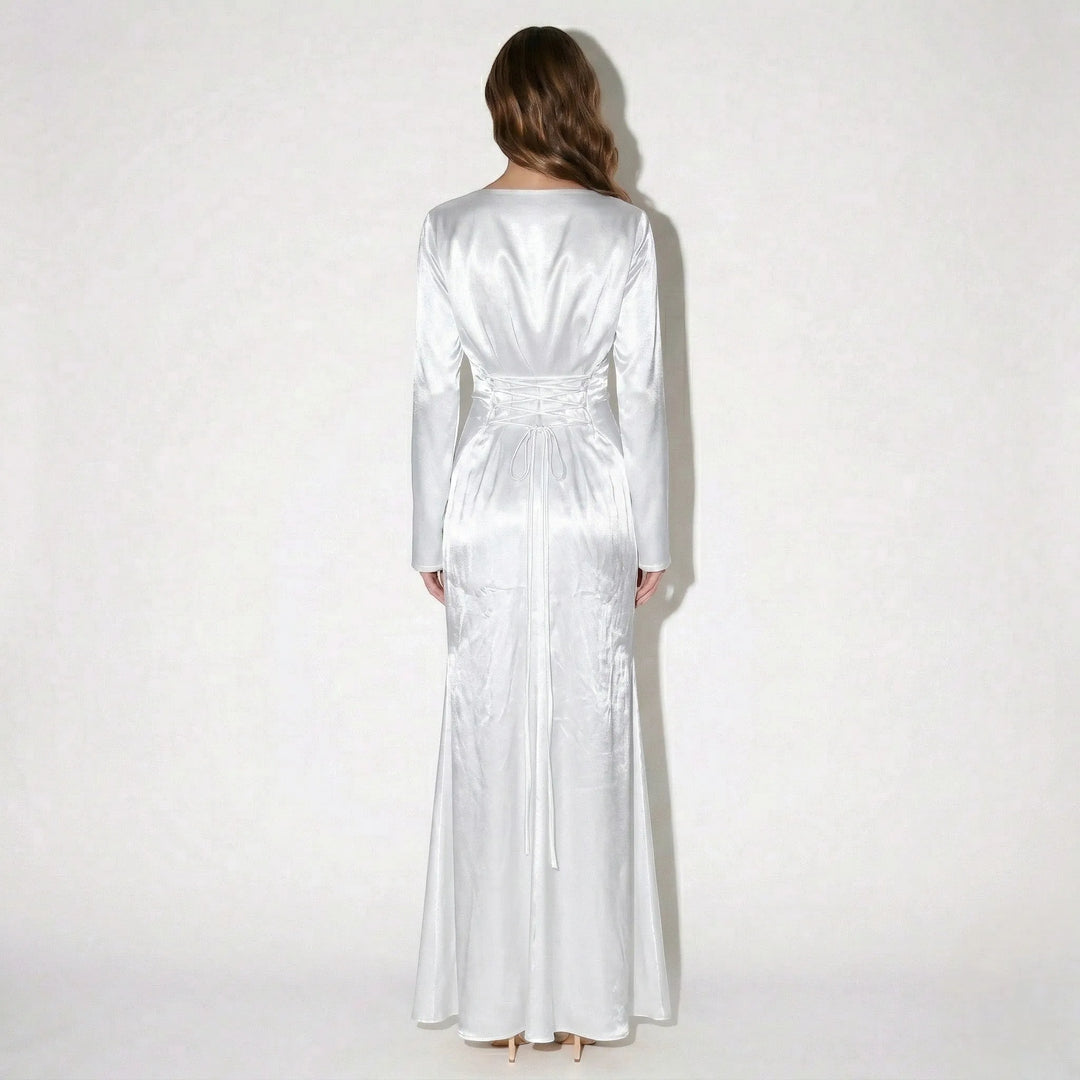 Women's Elegant Formal Maxi Wedding Guest Dress with Bell Sleeves