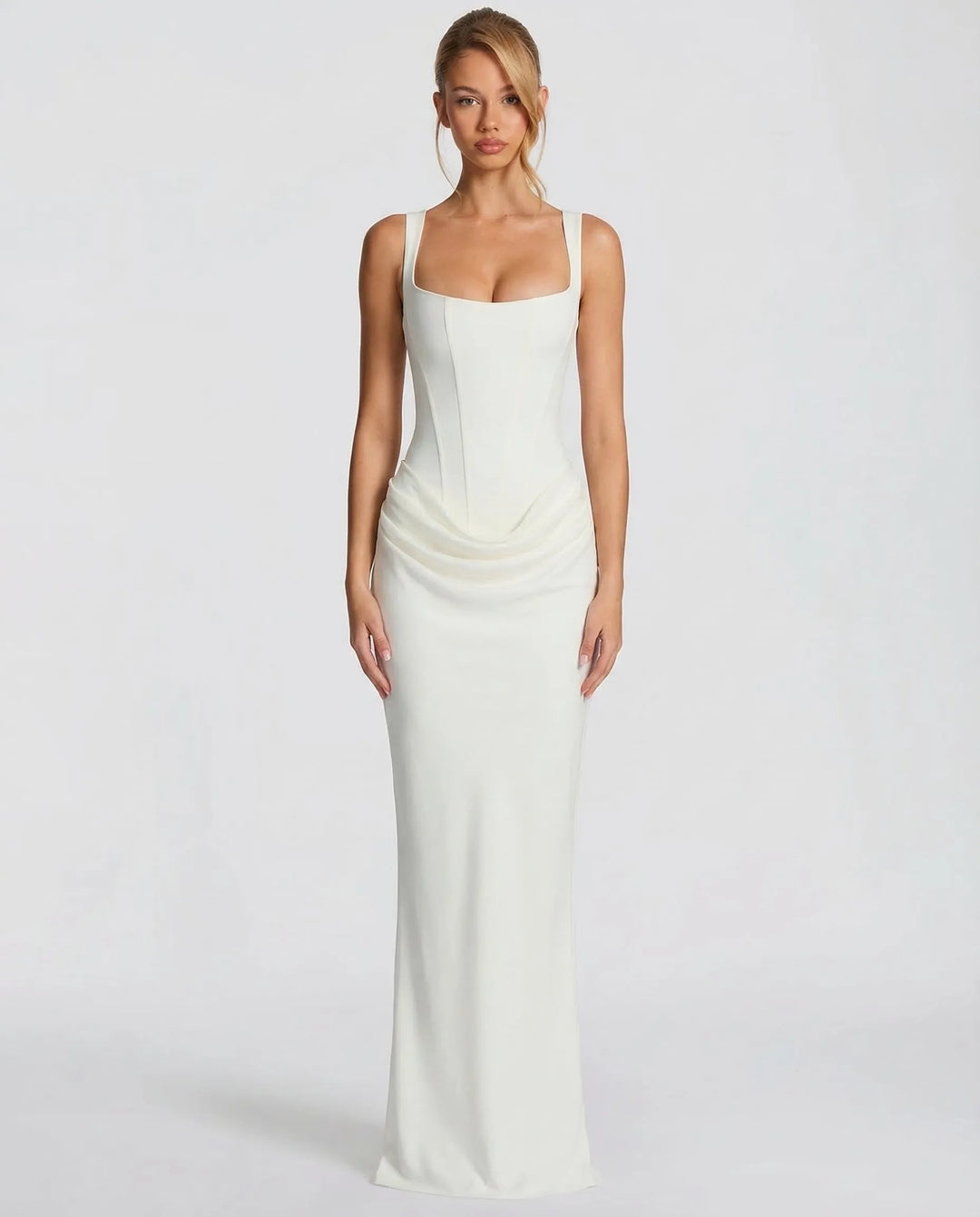 Women's Elegant Formal Maxi Wedding Guest Dress with Square Neck and Ruched