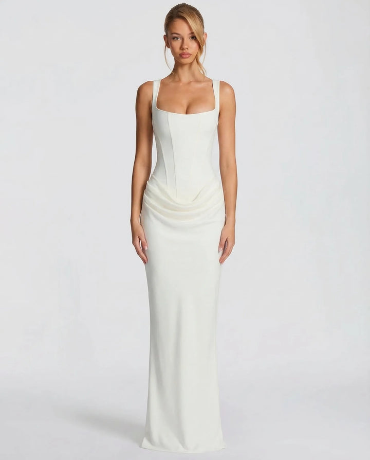Women's Elegant Formal Maxi Wedding Guest Dress with Square Neck and Ruched