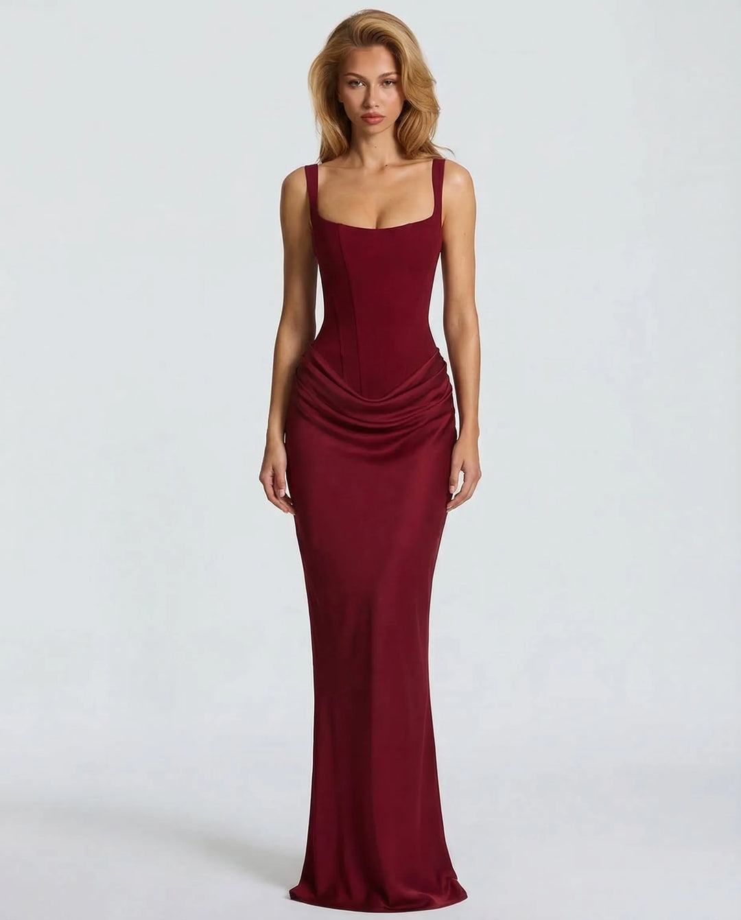 Women's Elegant Formal Maxi Wedding Guest Dress with Square Neck and Ruched