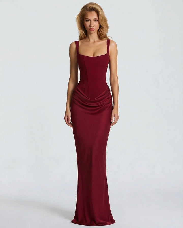 Women's Elegant Formal Maxi Wedding Guest Dress with Square Neck and Ruched