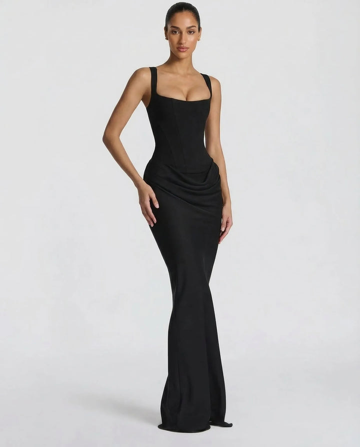 Women's Elegant Formal Maxi Wedding Guest Dress with Square Neck and Ruched