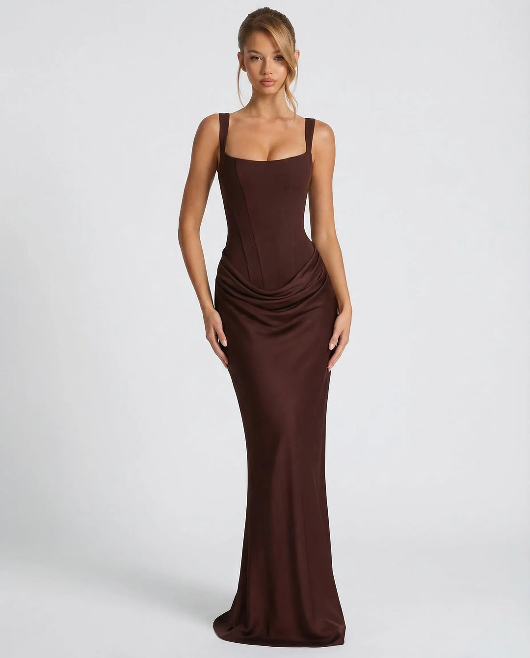 Women's Elegant Formal Maxi Wedding Guest Dress with Square Neck and Ruched