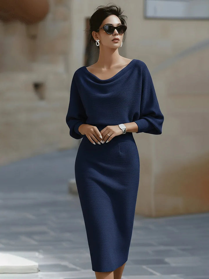 Women's Elegant Formal Midi Wedding Guest Dress with Draped Neckline