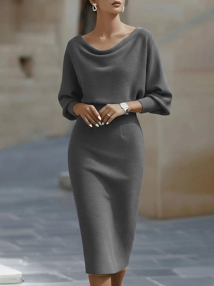 Women's Elegant Formal Midi Wedding Guest Dress with Draped Neckline