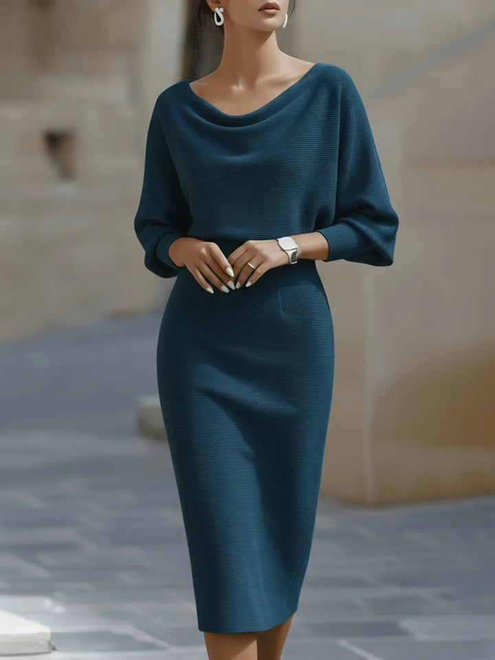 Women's Elegant Formal Midi Wedding Guest Dress with Draped Neckline