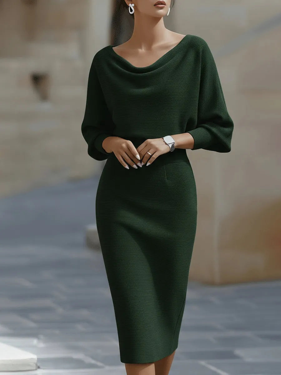 Women's Elegant Formal Midi Wedding Guest Dress with Draped Neckline