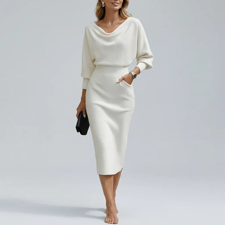 Women's Elegant Formal Midi Wedding Guest Dress with Draped Neckline