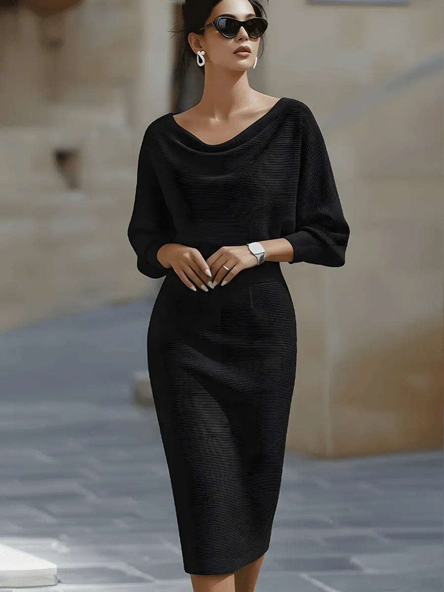 Women's Elegant Formal Midi Wedding Guest Dress with Draped Neckline