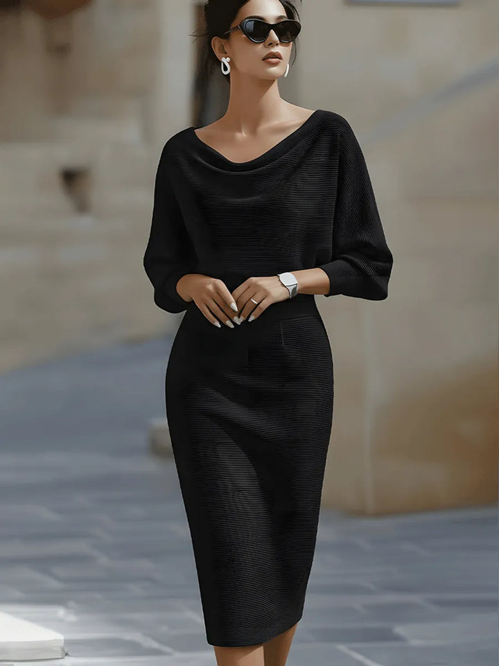 Women's Elegant Formal Midi Wedding Guest Dress with Draped Neckline