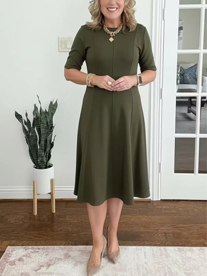 Women's Elegant Formal Midi Wedding Guest Dress with Crew Neckline