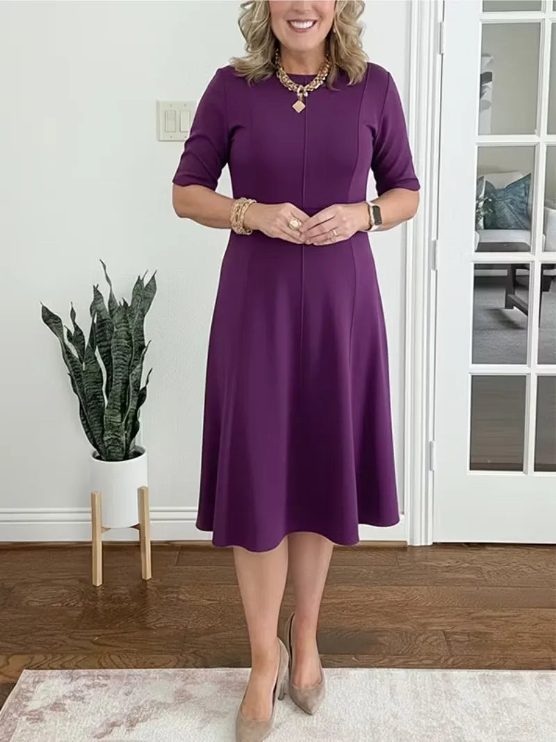 Women's Elegant Formal Midi Wedding Guest Dress with Crew Neckline