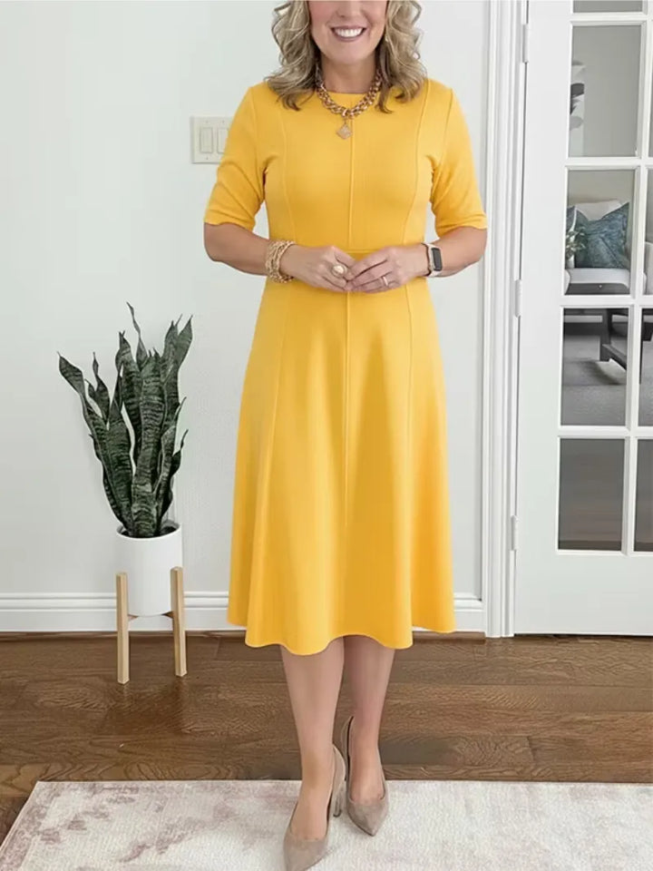 Women's Elegant Formal Midi Wedding Guest Dress with Crew Neckline
