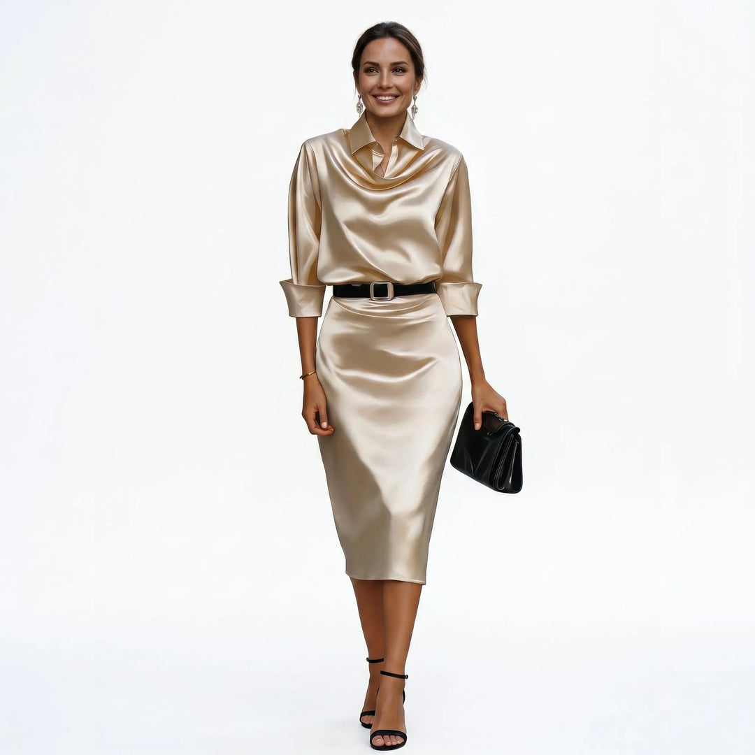 Women's Elegant Formal Midi Wedding Guest Dress with Draped Collar