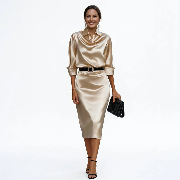 Women's Elegant Formal Midi Wedding Guest Dress with Draped Collar
